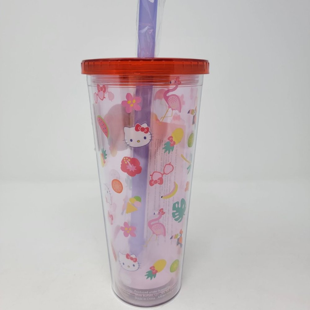 Hello Kitty Tropical Tossed Icons Plastic 24 Ounces Boba Tumbler with Lid and St